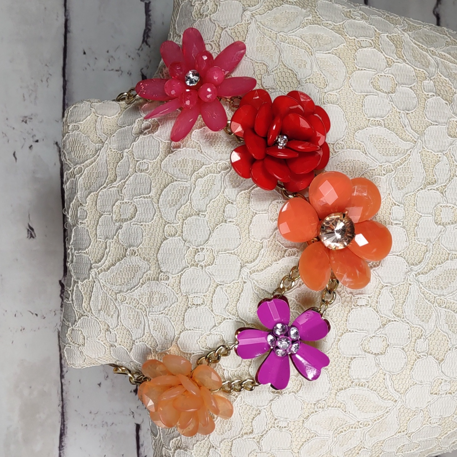 Fun Mixed MediaRhinestoneGoldtone Flower Necklace